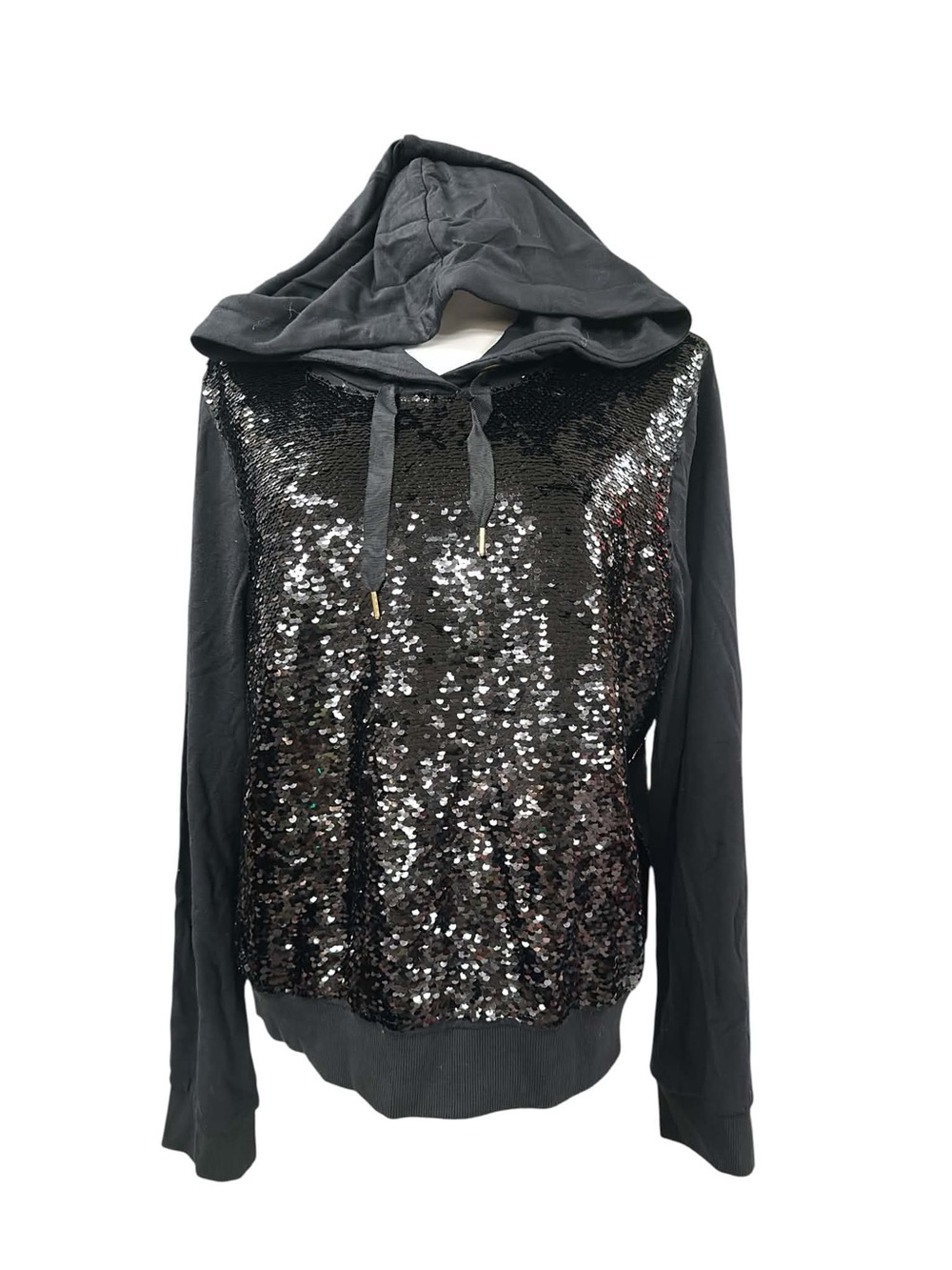 Thalia Sodi Black Sequin Hooded Pullover Size L